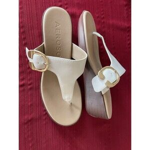 Aerosoles Izola Wedge Sandals Eggnog w Gold Tone Satin Buckel Ladies 9 Medium